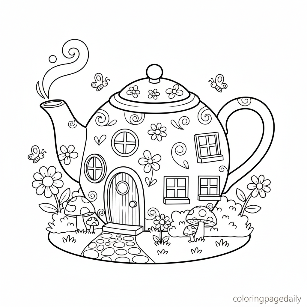 Magical Teapot House - Black and white coloring page ready to print