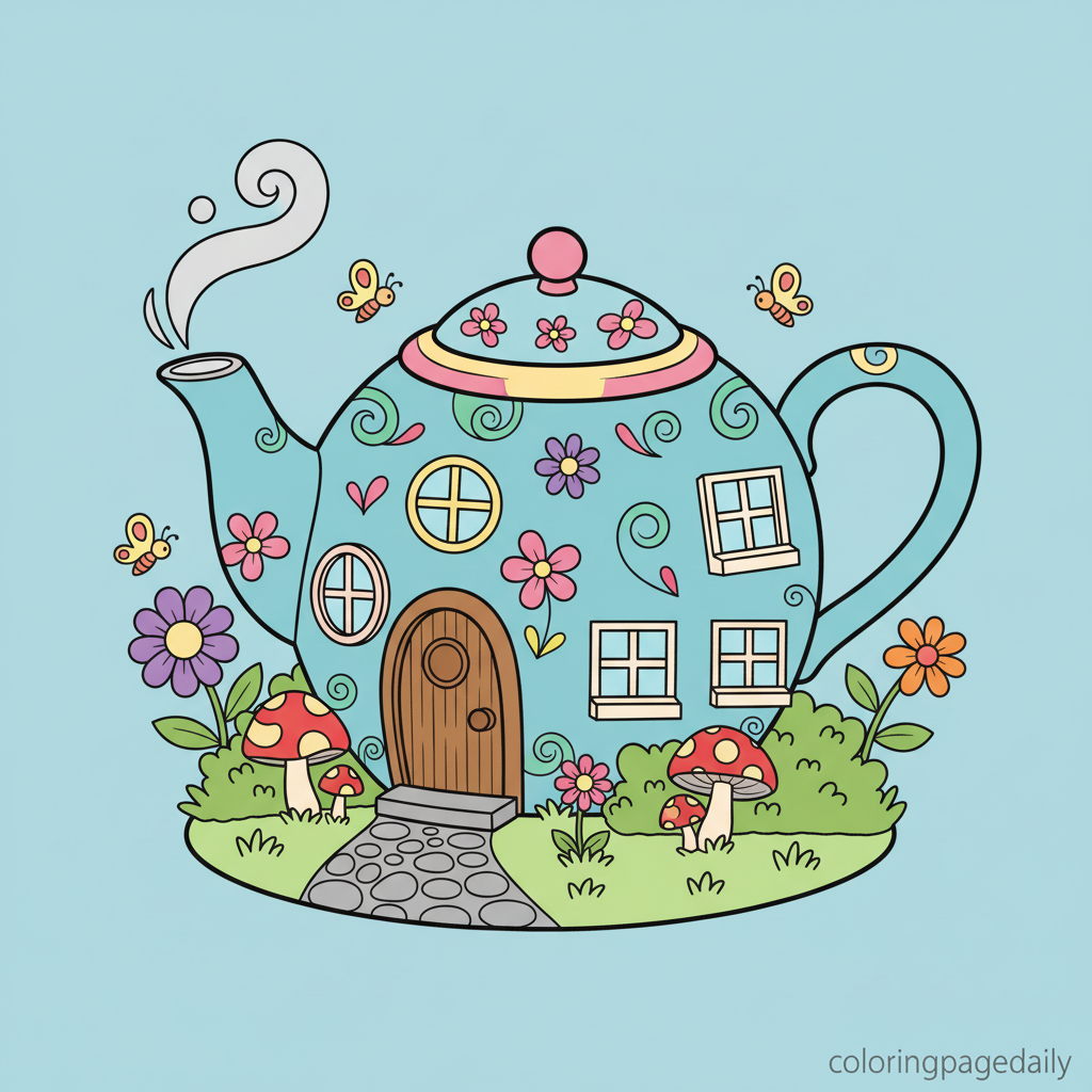 Magical Teapot House - Colored reference example for this printable coloring page