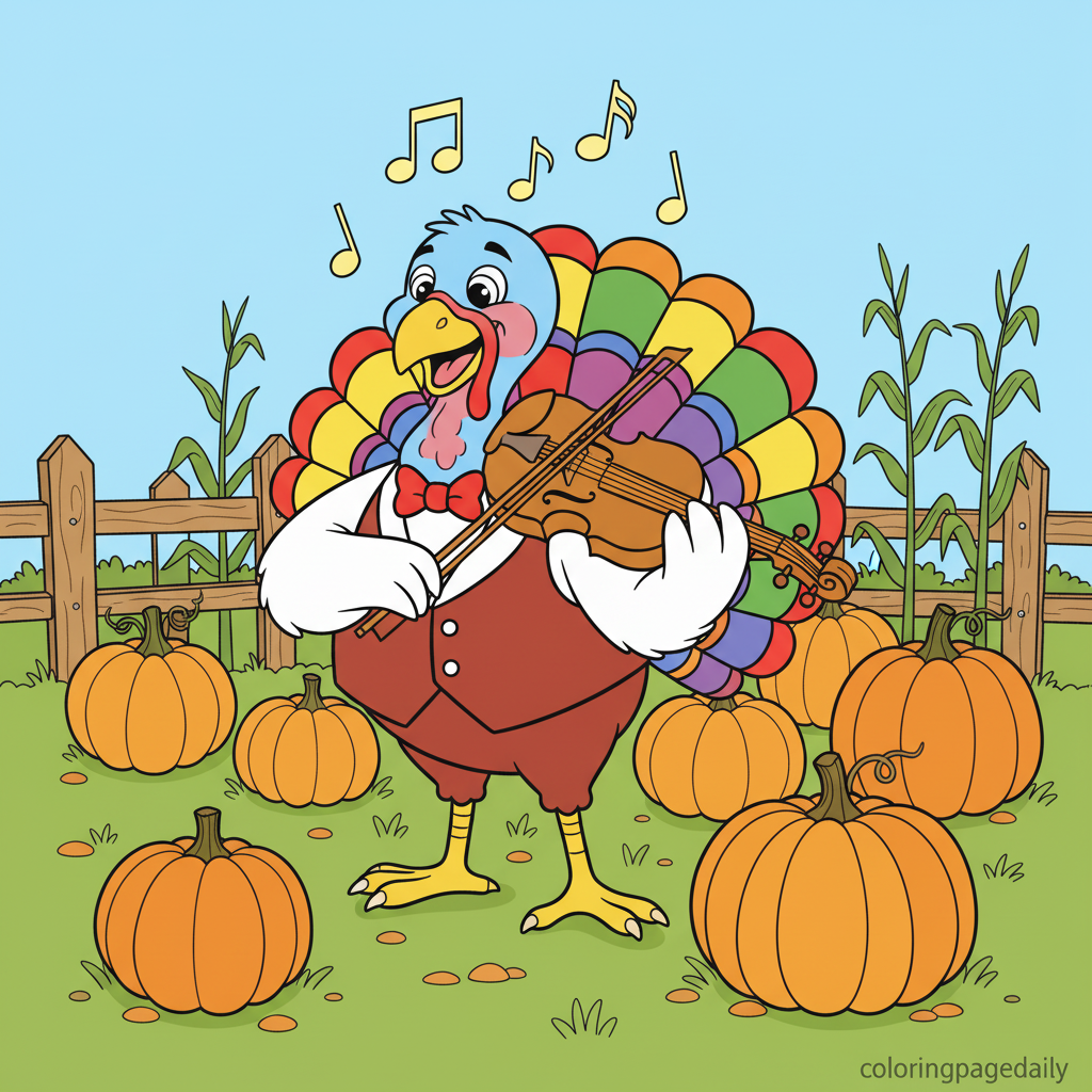 Turkey Playing Violin - Colored reference example for this printable coloring page