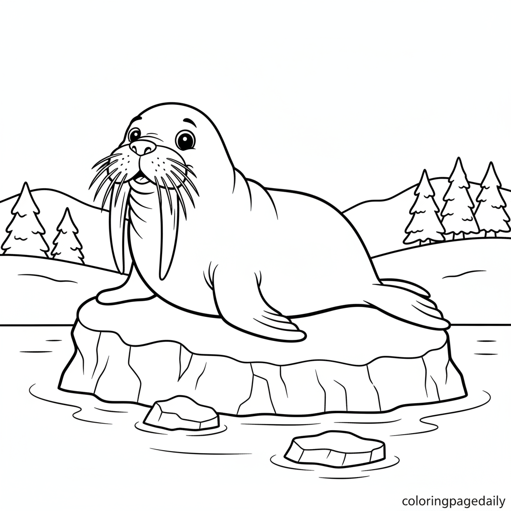 Walrus Resting on Ice - Black and white coloring page ready to print