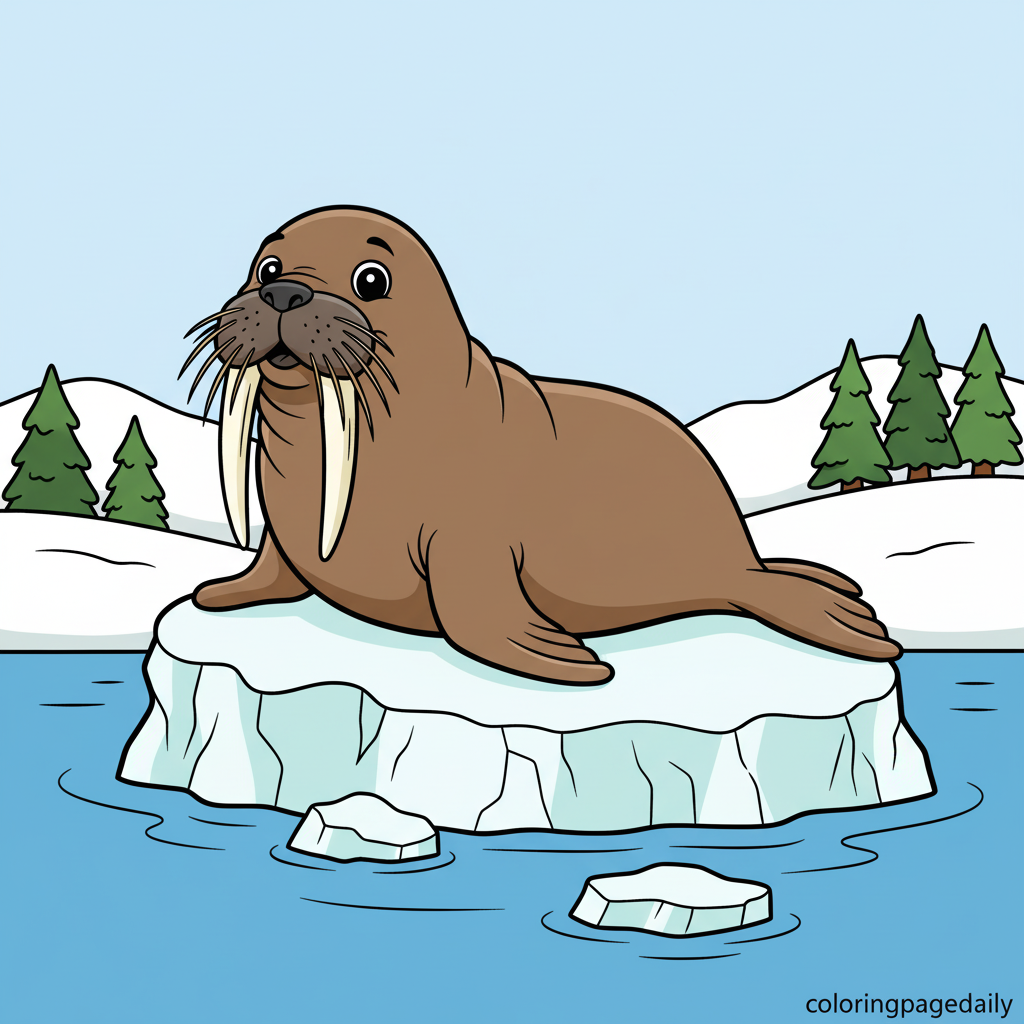 Walrus Resting on Ice - Colored reference example for this printable coloring page