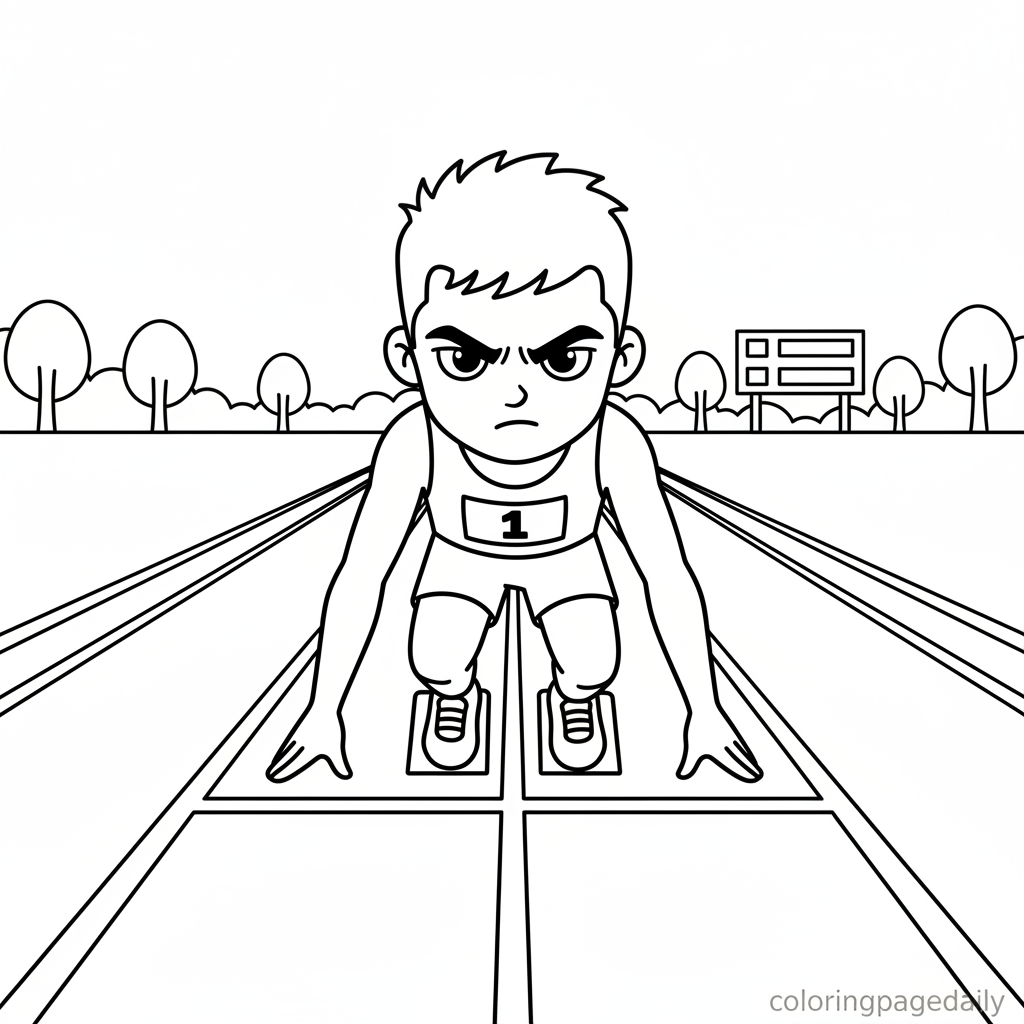 Sprinter at Starting Blocks - Black and white coloring page ready to print