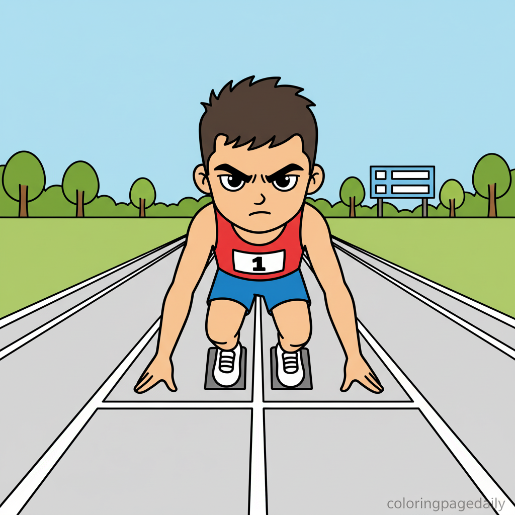 Sprinter at Starting Blocks - Colored reference example for this printable coloring page