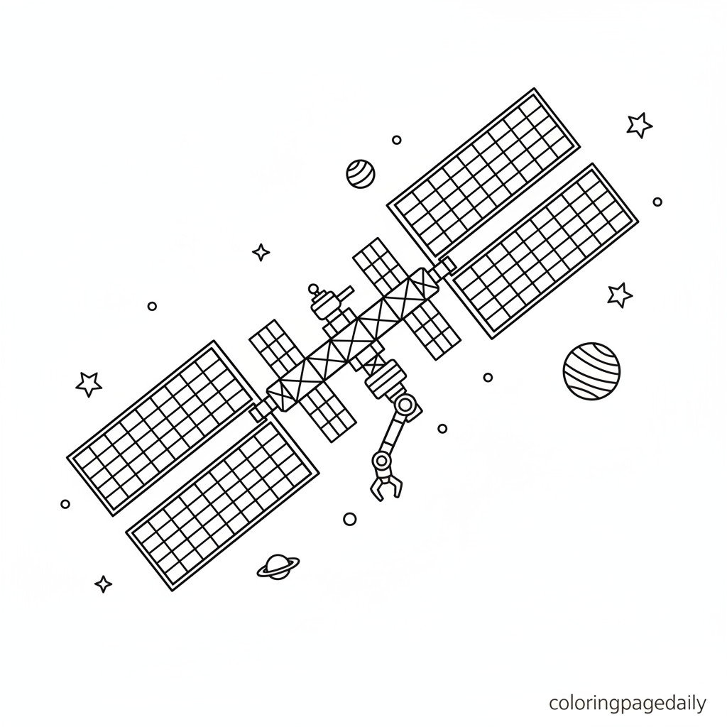 Space Station Orbiting - Black and white coloring page ready to print
