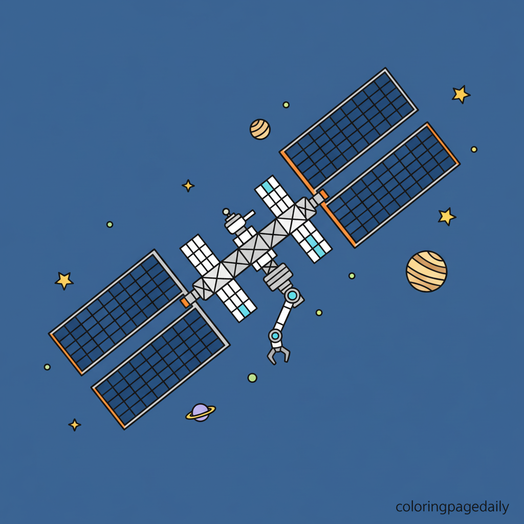Space Station Orbiting - Colored reference example for this printable coloring page