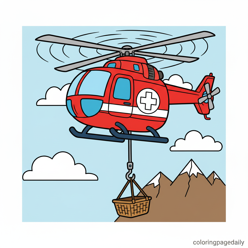 Rescue Helicopter Hovering - Colored reference example for this printable coloring page