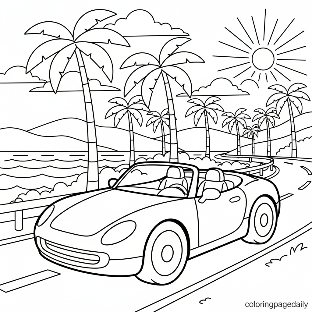 Convertible Coastal Drive - Black and white coloring page ready to print