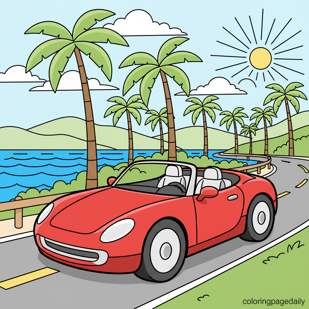 Convertible Coastal Drive - Colored reference example for this printable coloring page