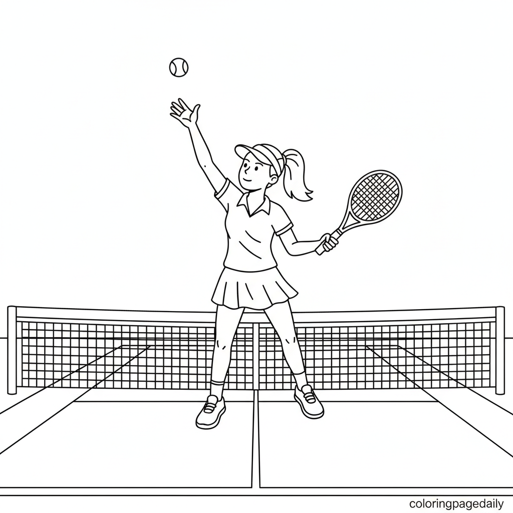 Tennis Player Serving - Black and white coloring page ready to print