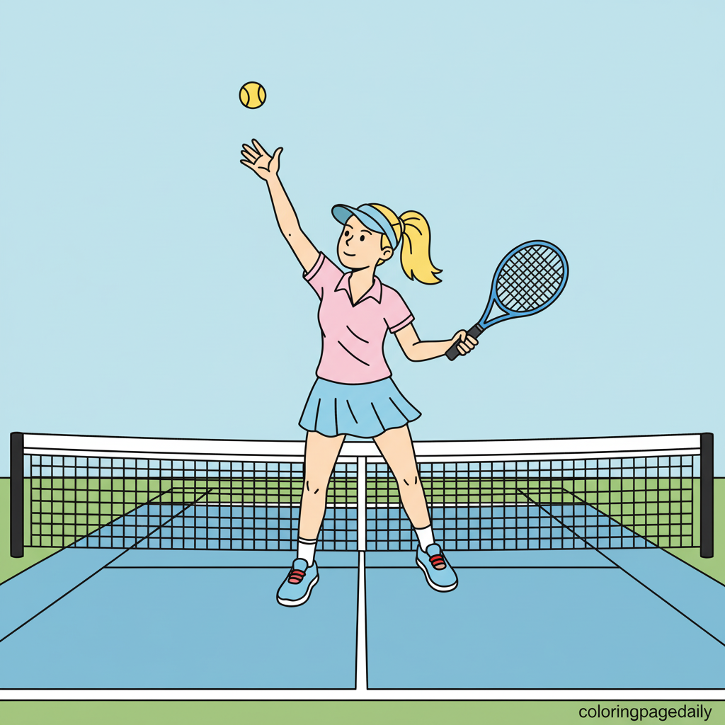 Tennis Player Serving - Colored reference example for this printable coloring page