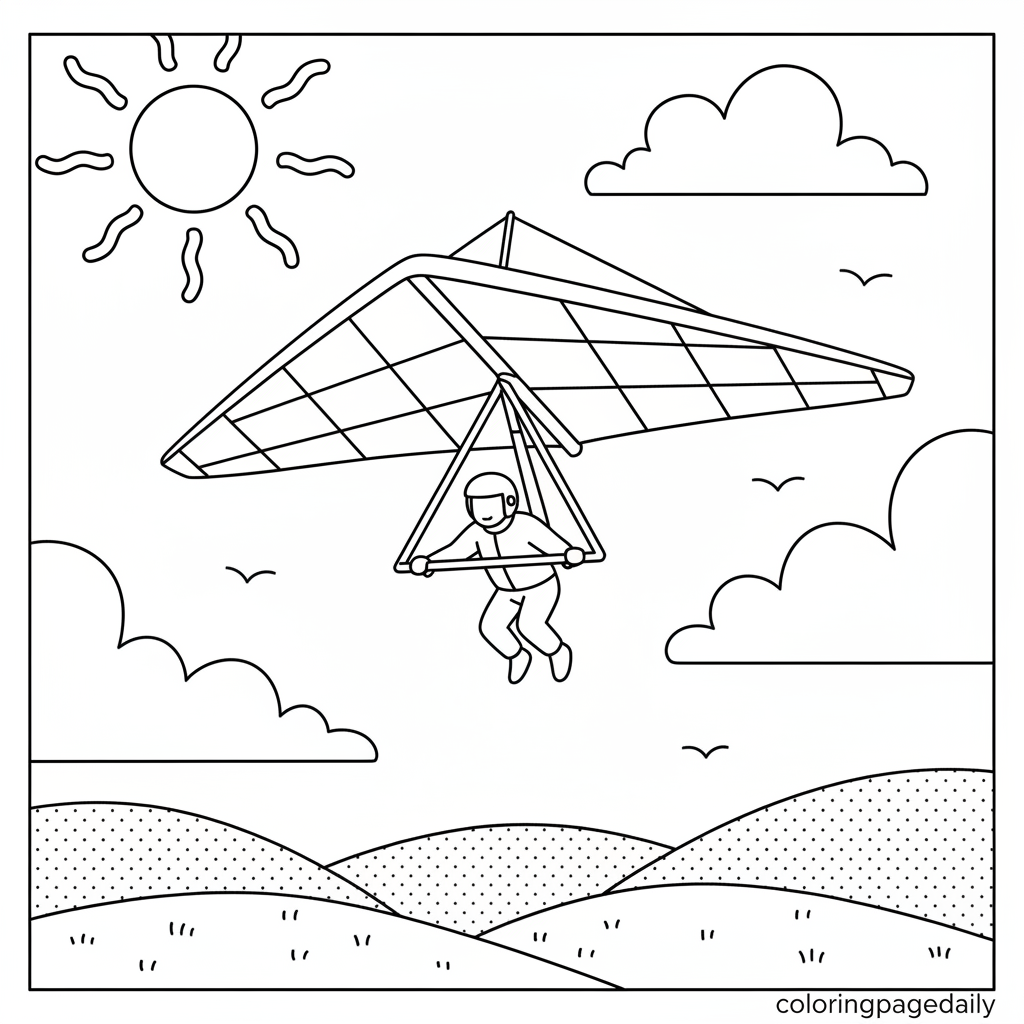Hang Glider Soaring - Black and white coloring page ready to print