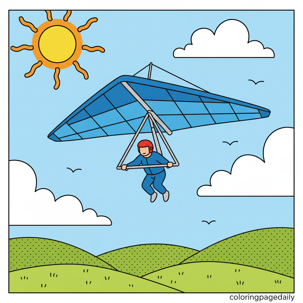 Hang Glider Soaring - Colored reference example for this printable coloring page