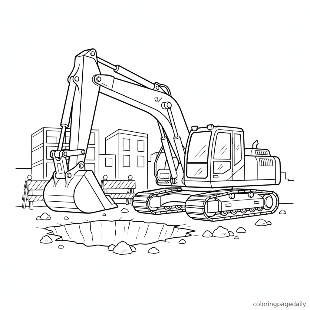 Excavator Digging Dirt - Black and white coloring page ready to print