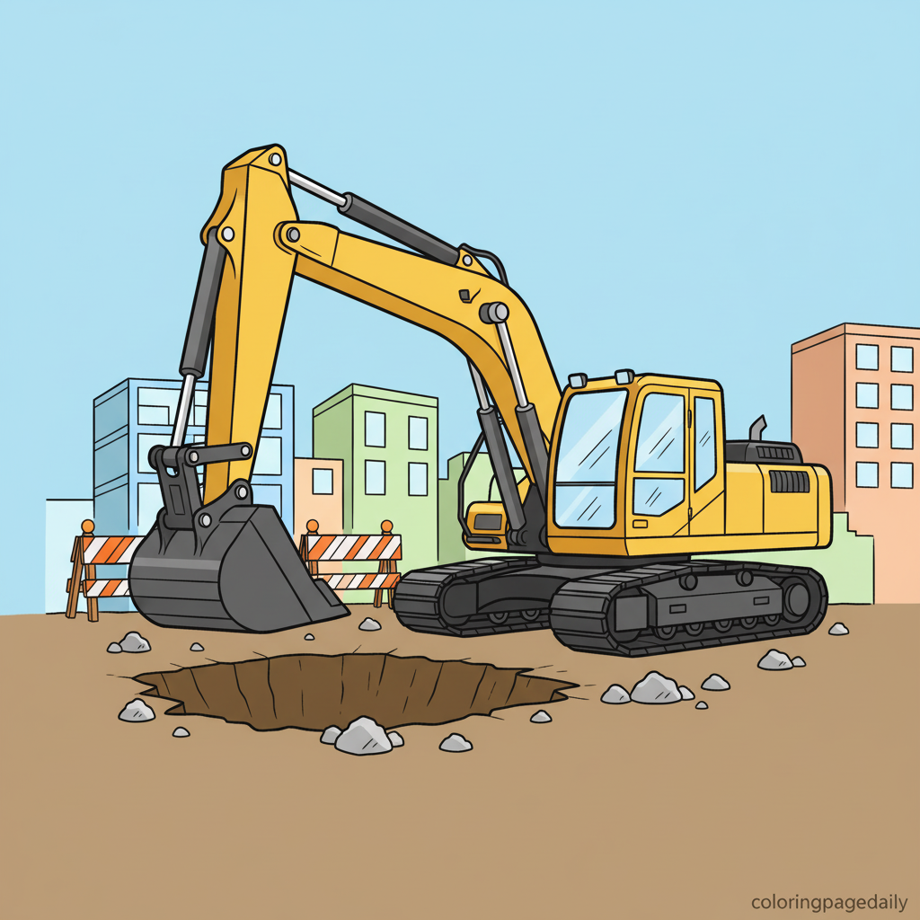 Excavator Digging Dirt - Colored reference example for this printable coloring page