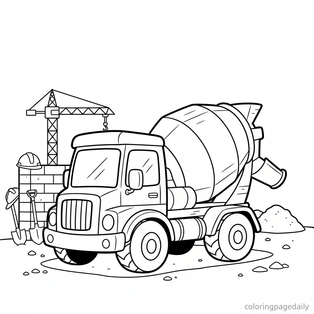 Cement Mixer Truck - Black and white coloring page ready to print