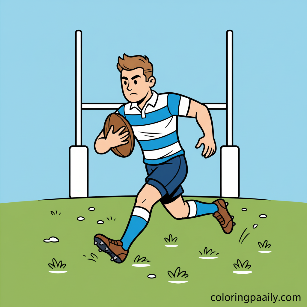 Rugby Player Running - Colored reference example for this printable coloring page