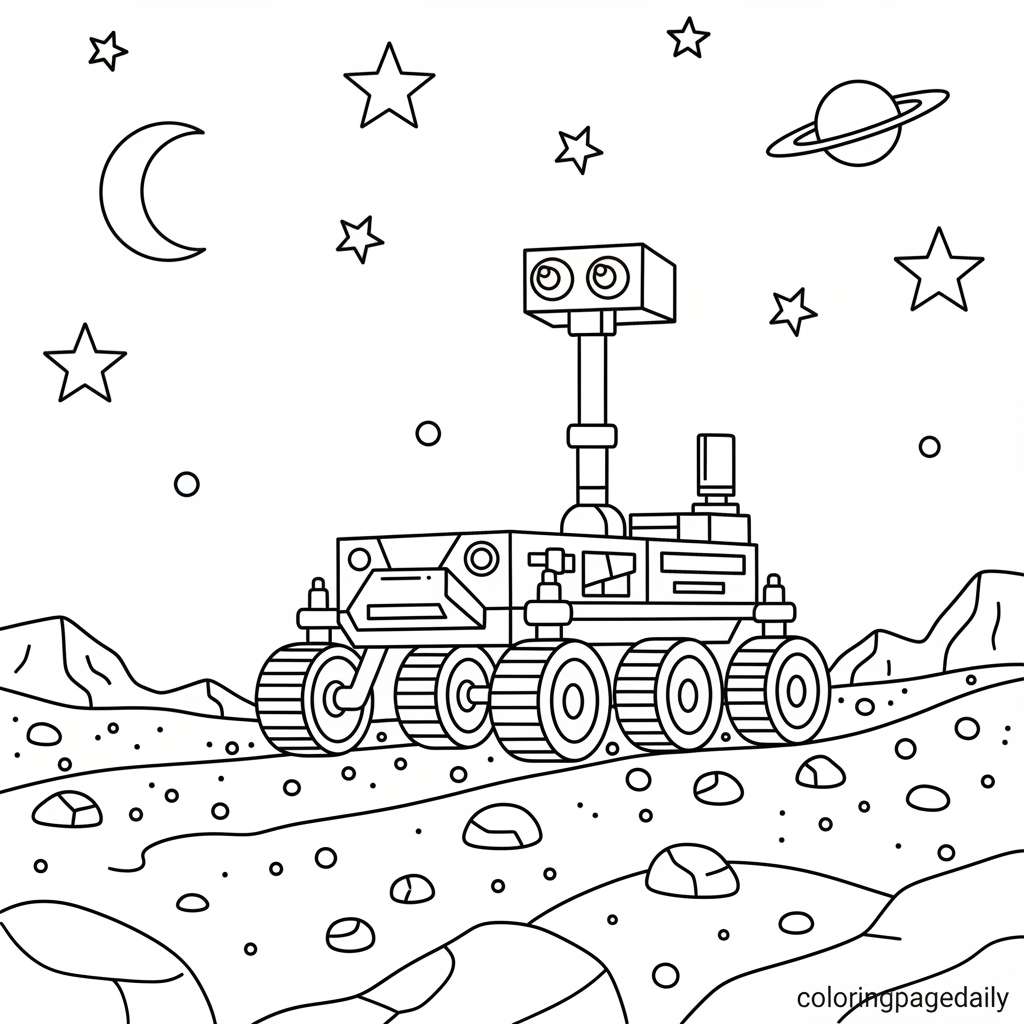 Mars Rover Exploration - Black and white coloring page ready to print