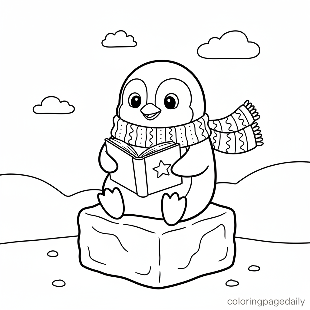 Penguin Reading Book - Black and white coloring page ready to print