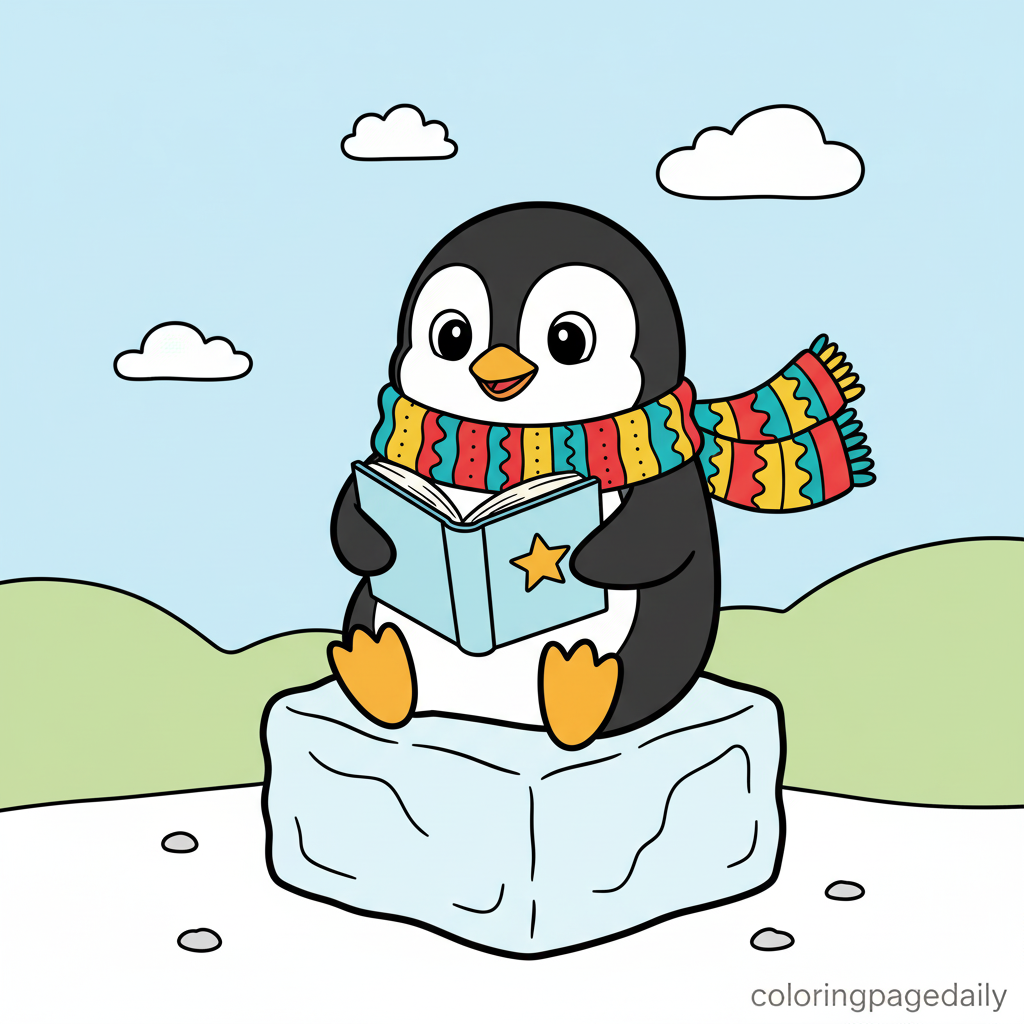 Penguin Reading Book - Colored reference example for this printable coloring page