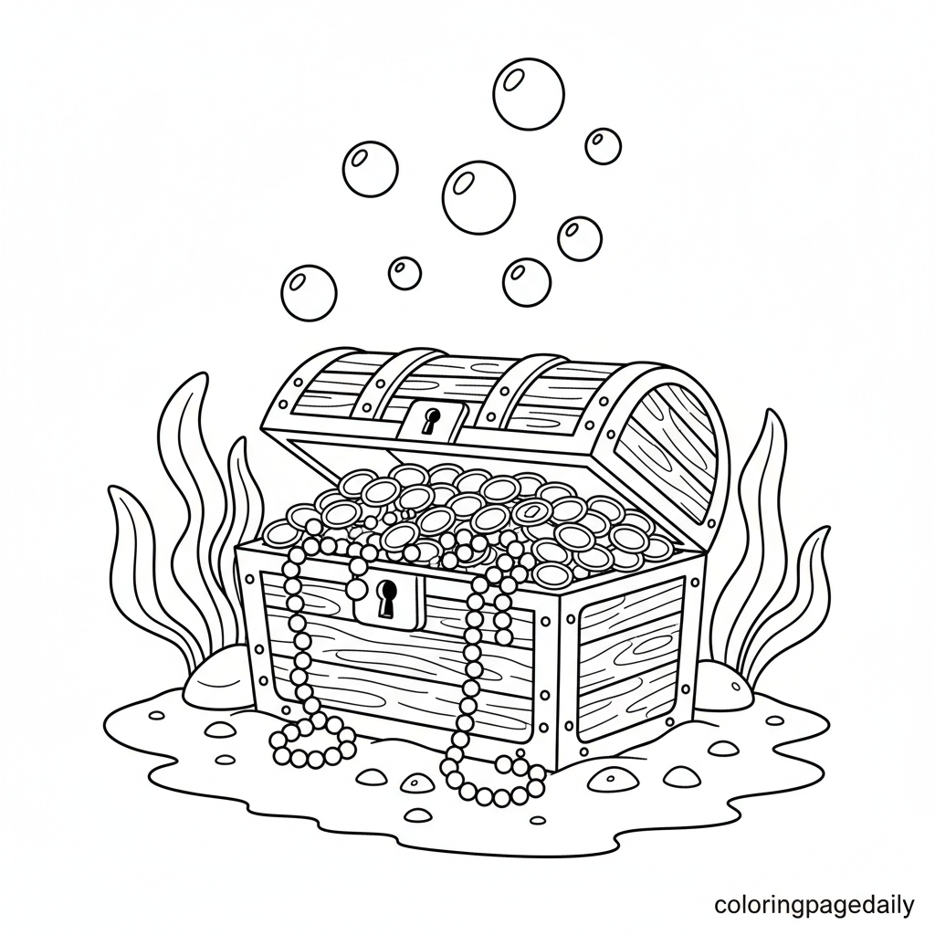 Sunken Treasure Chest - Black and white coloring page ready to print