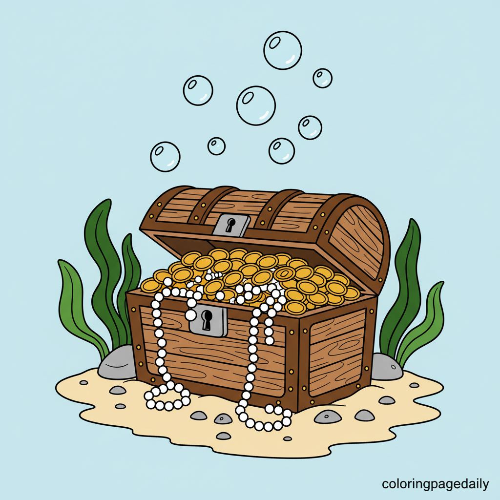 Sunken Treasure Chest - Colored reference example for this printable coloring page
