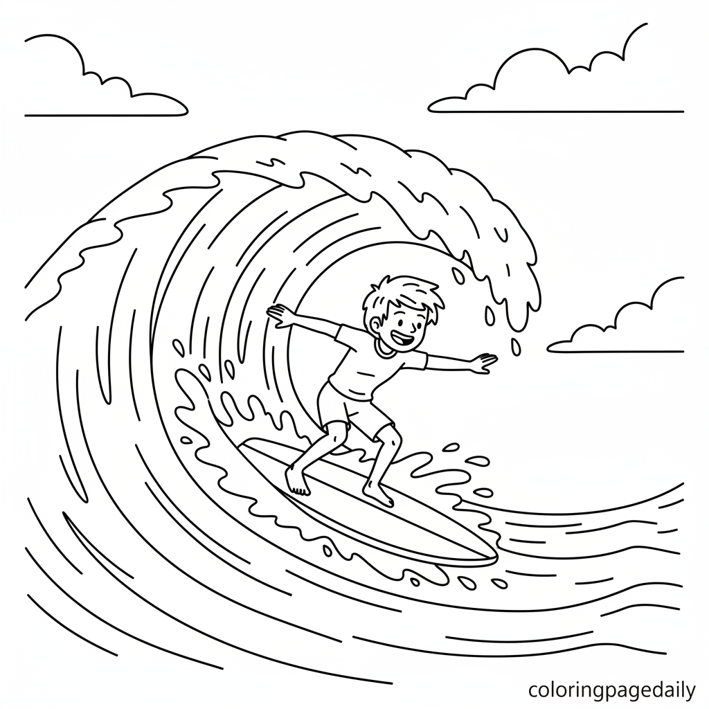 Surfer Riding Wave - Black and white coloring page ready to print