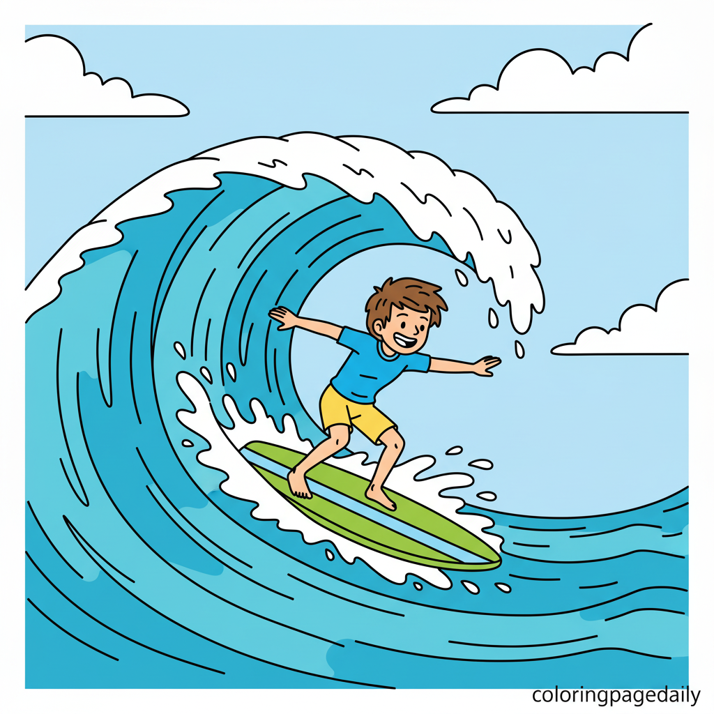 Surfer Riding Wave - Colored reference example for this printable coloring page