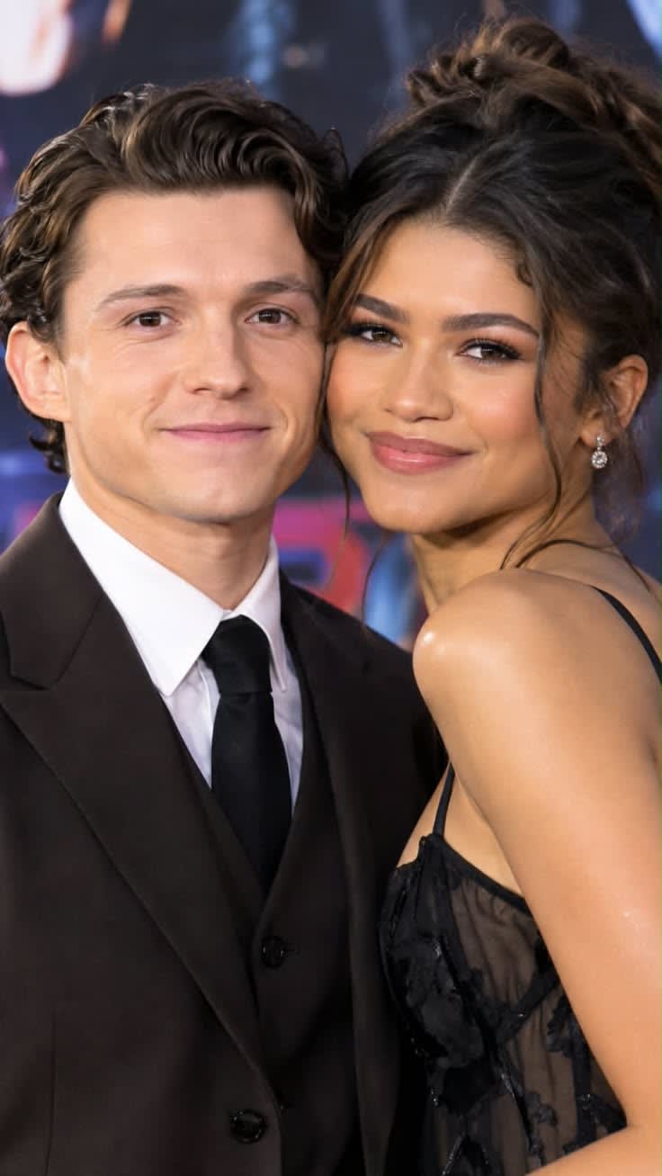 Tom Holland and Zendaya smiling together at red carpet premiere