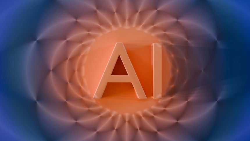 Glowing 3D letters spelling AI on an orange and blue background