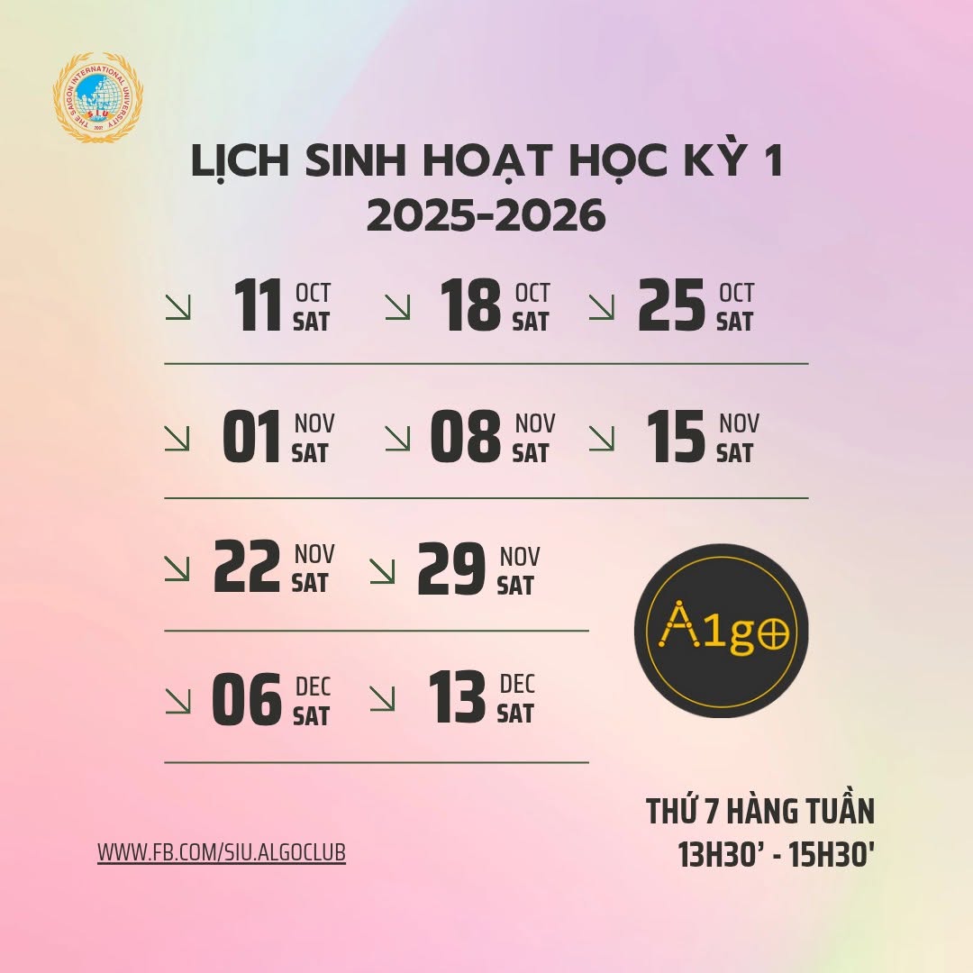 Lịch sinh hoạt học kỳ I năm 2025 của SIU Algo Club