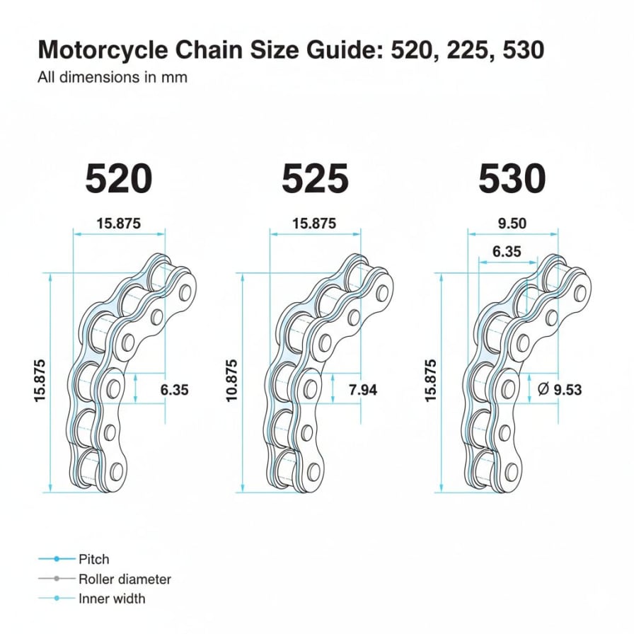 chain size 520 vs 525 vs 530 pitch and width comparison chart