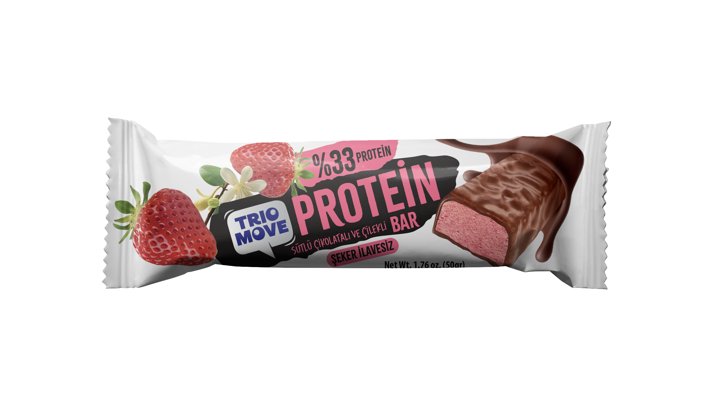 TRIO MOVE ÇİKOLATA KAPLI PROTEIN BAR ÇİLEK ÇİKOLATA VE VANİLYALI 50GR*9*8