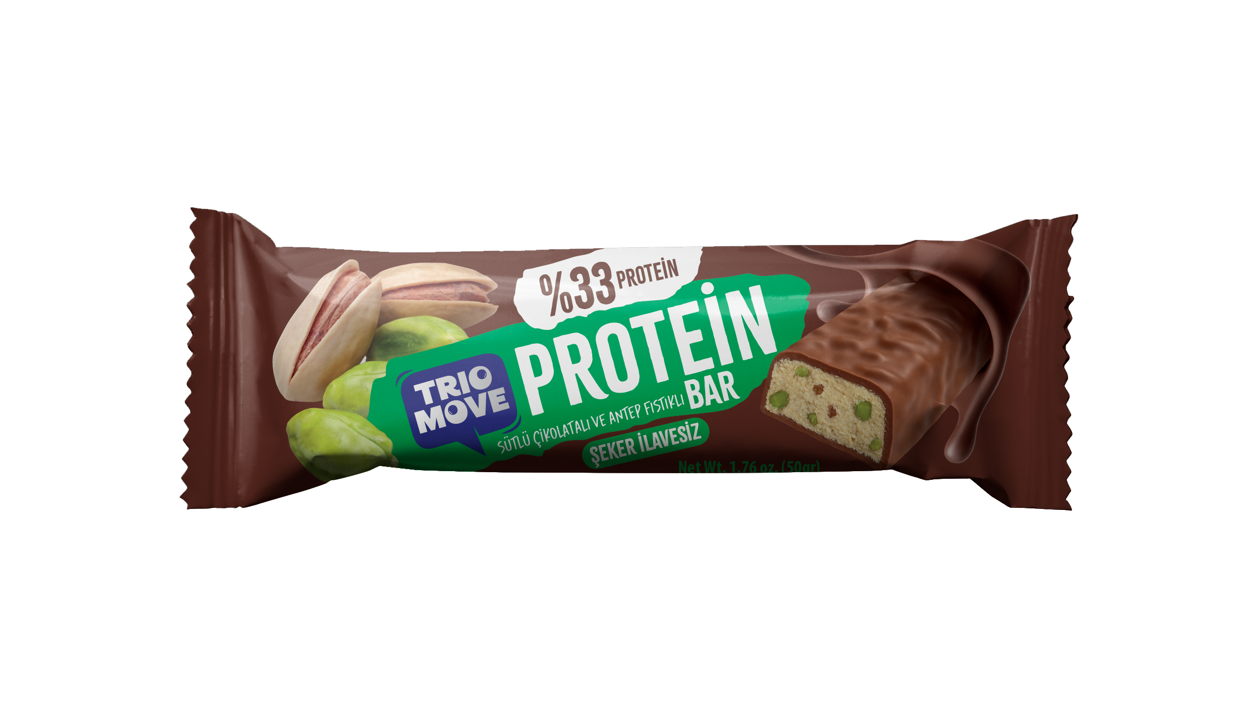 TRIO MOVE ÇİKOLATA KAPLI PROTEIN BAR ANTEP FISTIKLI 50GR*9*8