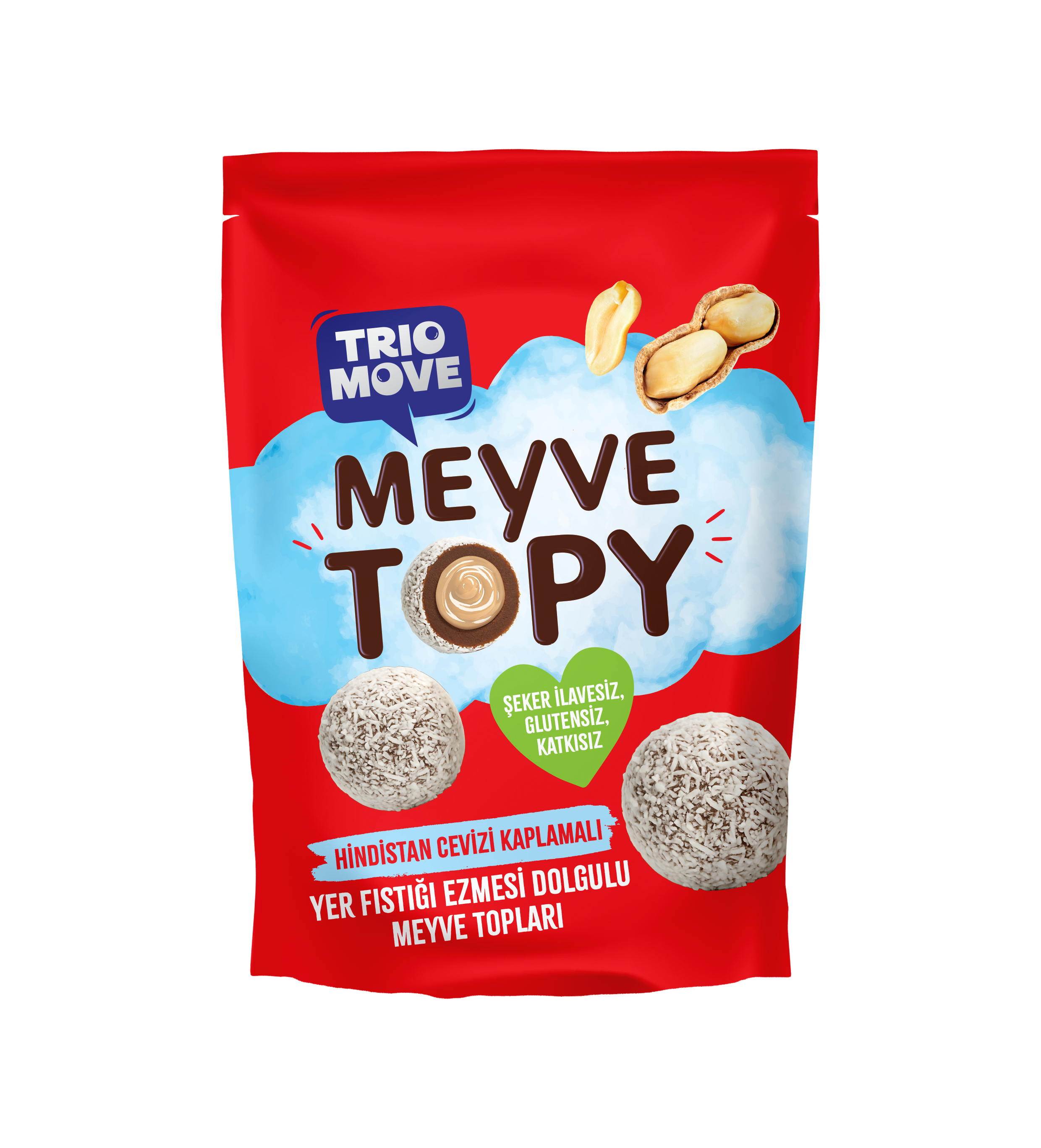 TRİO MOVE YER FISTIĞI EZMESİ  DOLGULU HİNDİSTAN CEVİZİ KAPLAMALI MEYVE TOPY  96 GR*12
