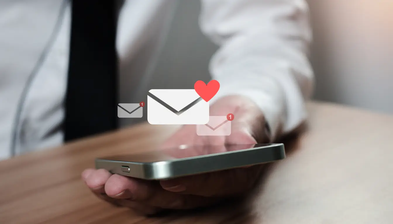 An email notification with a heart icon, symbolizing a heartfelt message that strengthens emotional intimacy in a long-distance relationship.