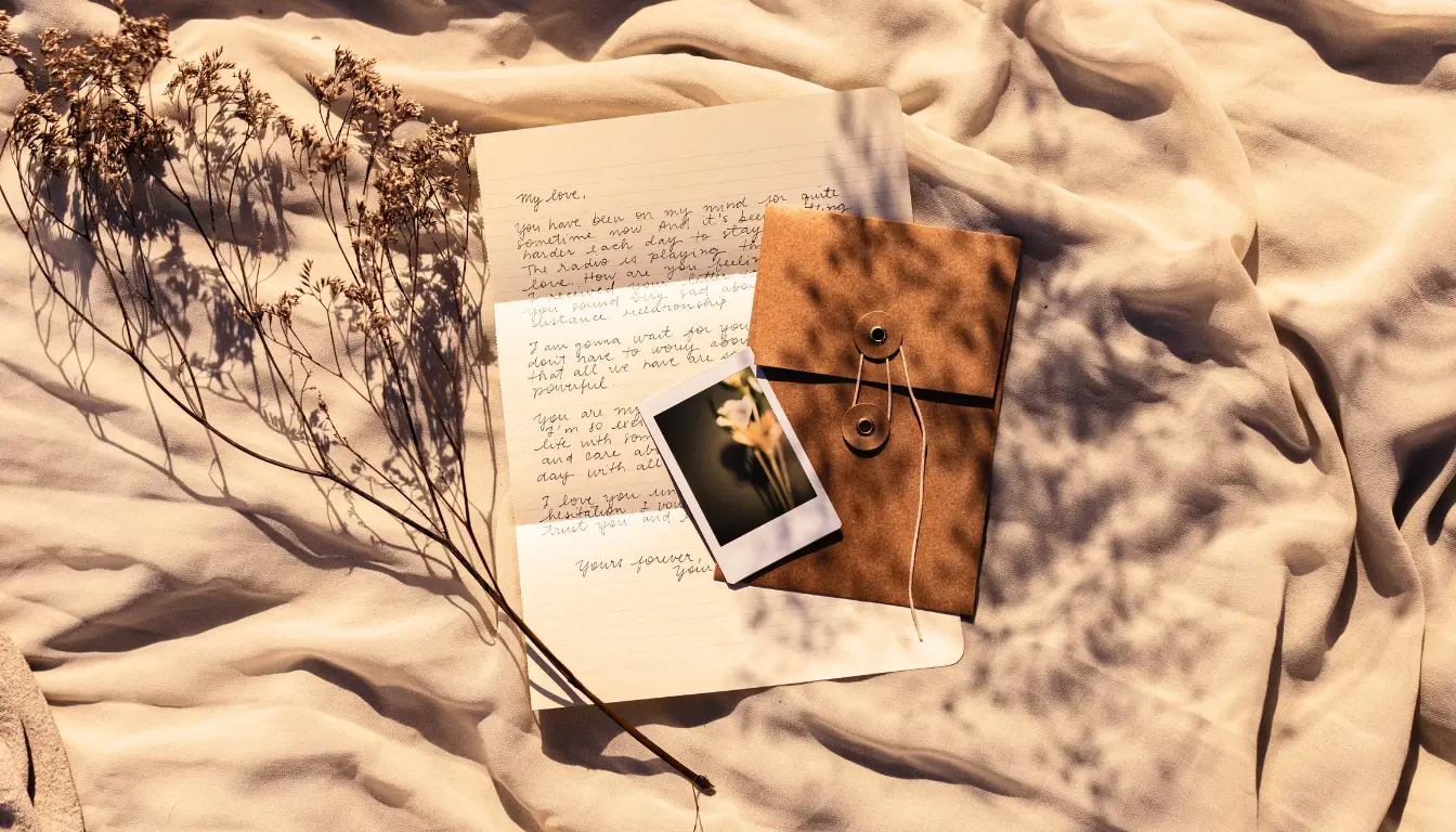 Handwritten love letter with a vintage envelope and a Polaroid photo, symbolizing romantic gestures in a long-distance relationship.