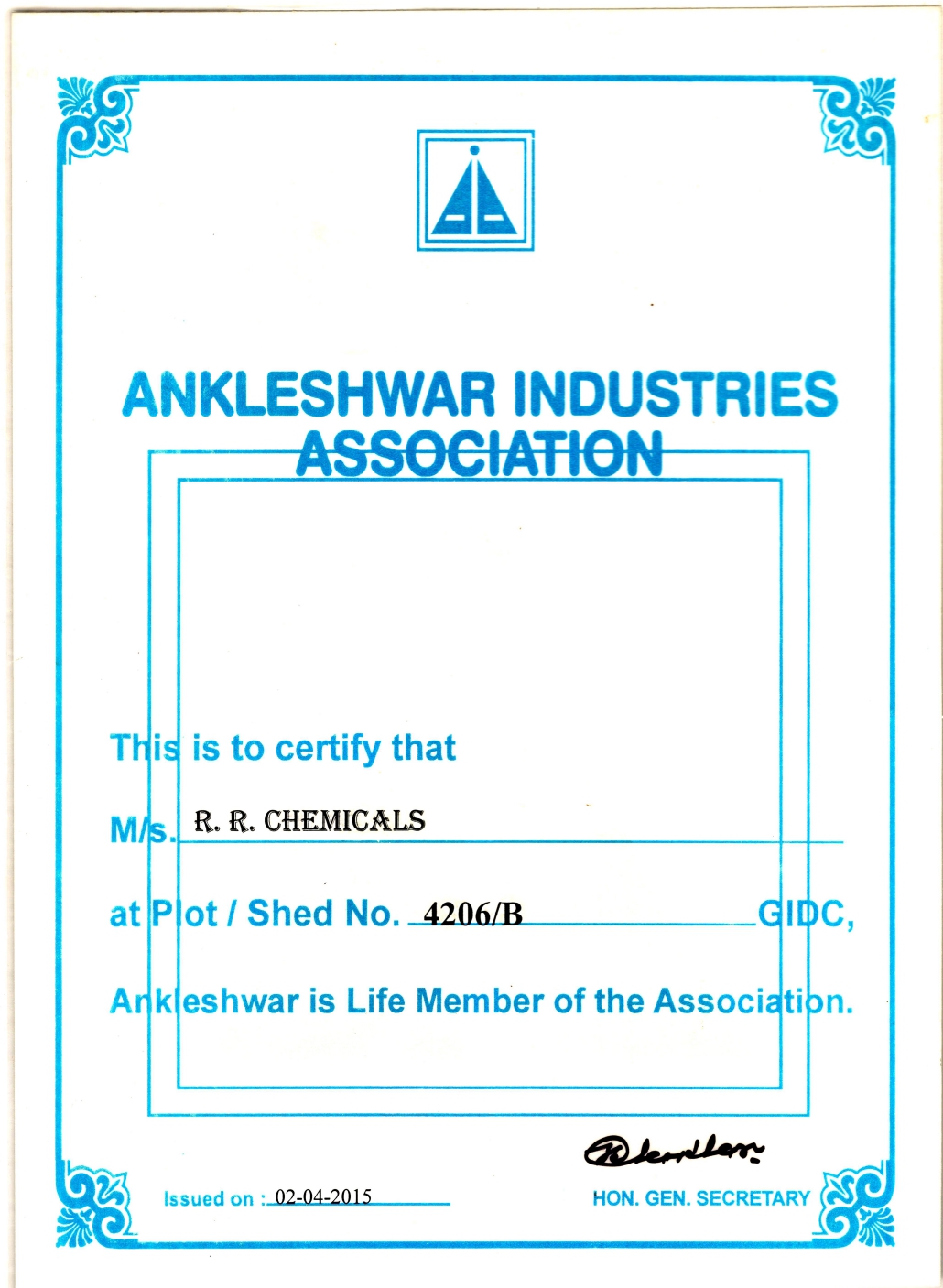 R.R. Chemical Ankleshwar Industrial Association Certificate