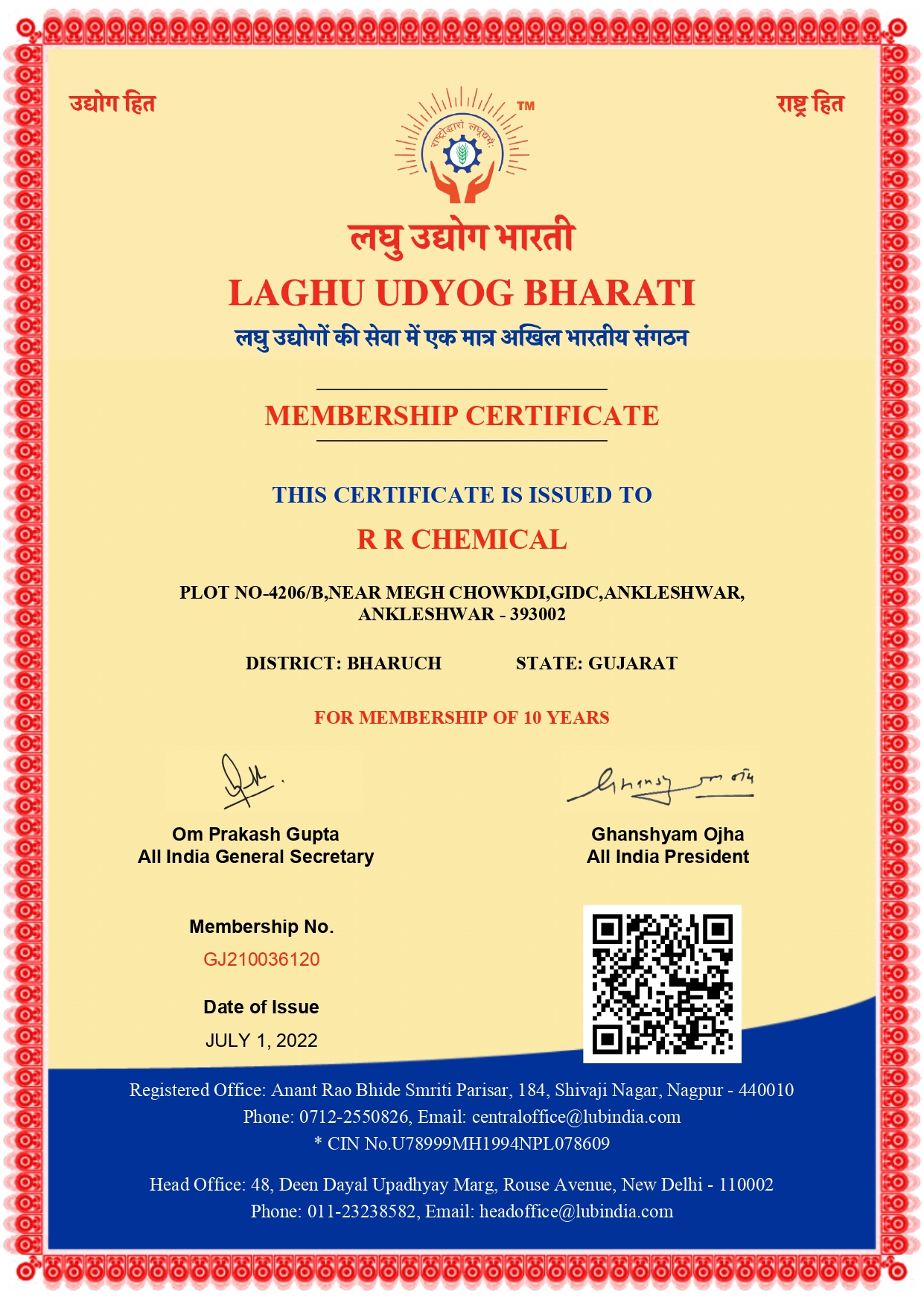 R.R. Chemical LUB Certificate