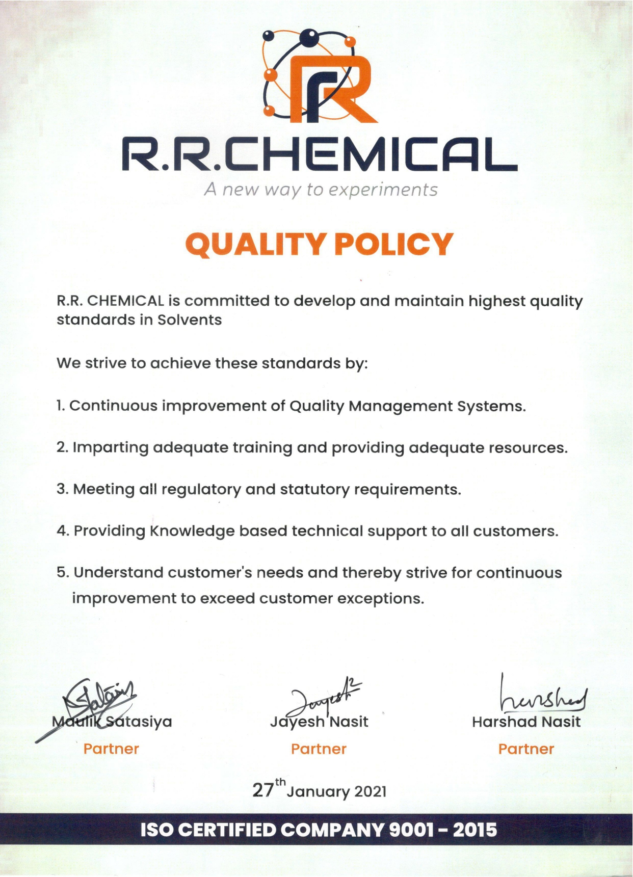 R.R. Chemical Quality Policy Certificate