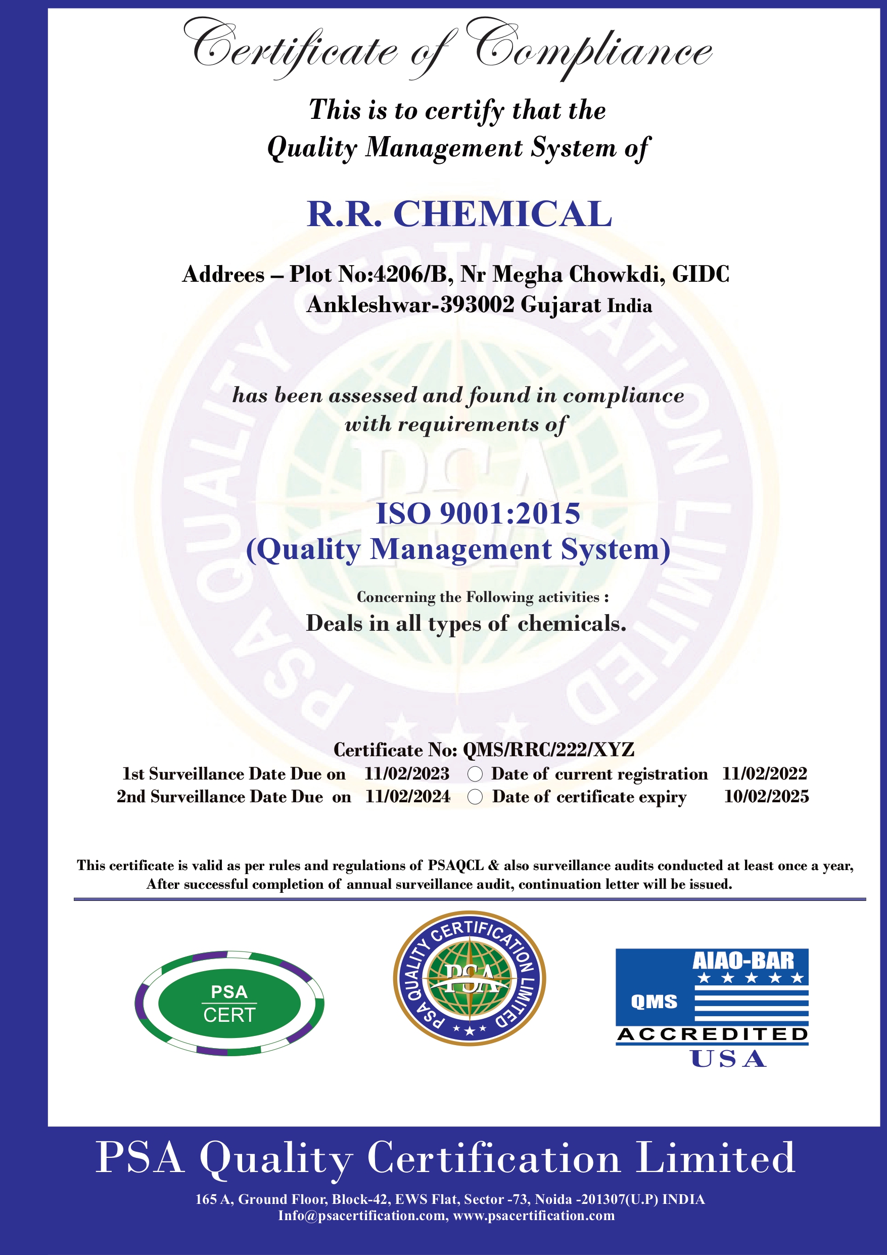 R.R. Chemical ISO 9001:2015 Certification