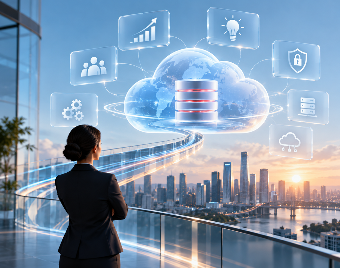 Professional looking out over a city skyline, representing Oracle technology strategy