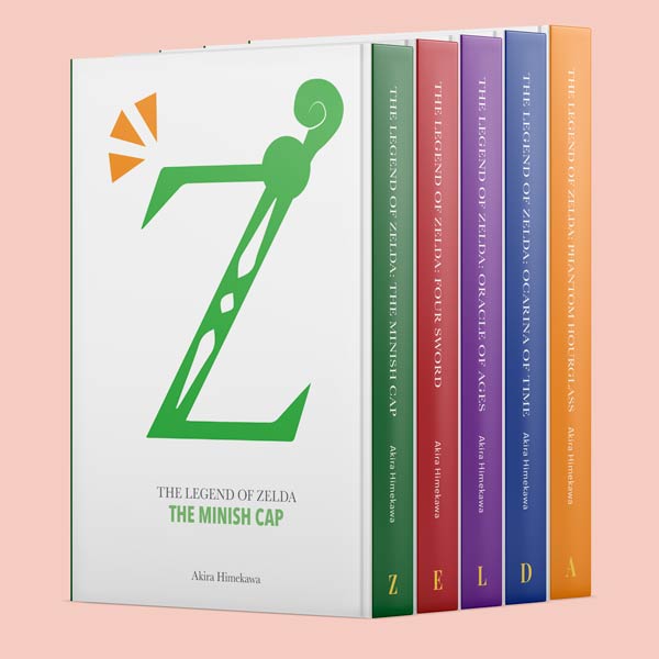 A picture of the Legend of Zelda books, lined up, with their spines showing. Each spine has a letter and toget they spell 'Zelda'