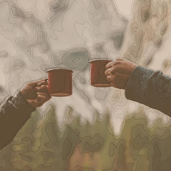 Two people's arms holding up their mugs in a cheers pose