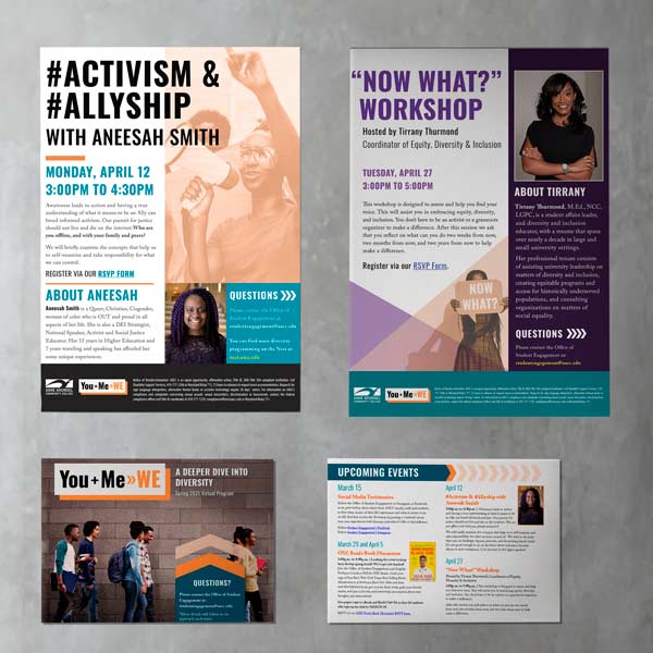 Two flyers advertising the guest speaker and 'Now What?' workshop, one vertical and the other horizontal respectively. I smaller invititaion for the upcoming events is placed between them