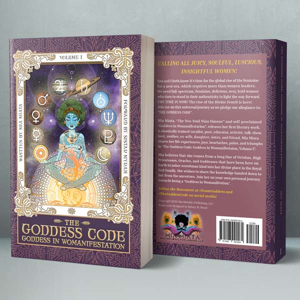 A picture of two books, upright, showing the 'Goddess Code' cover front and back respectively