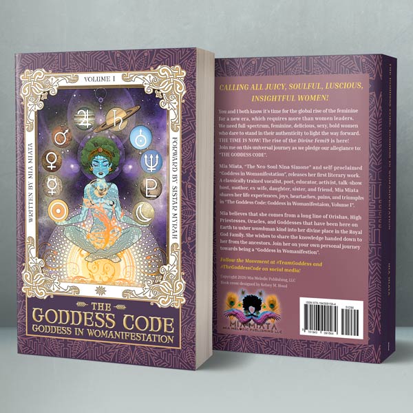 A picture of two books, upright, showing the 'Goddess Code' cover front and back respectively