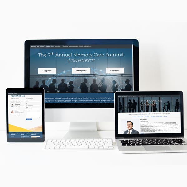 A desktop computer, laptop and tablet, all displaying different screens from the Memory Care Summit website