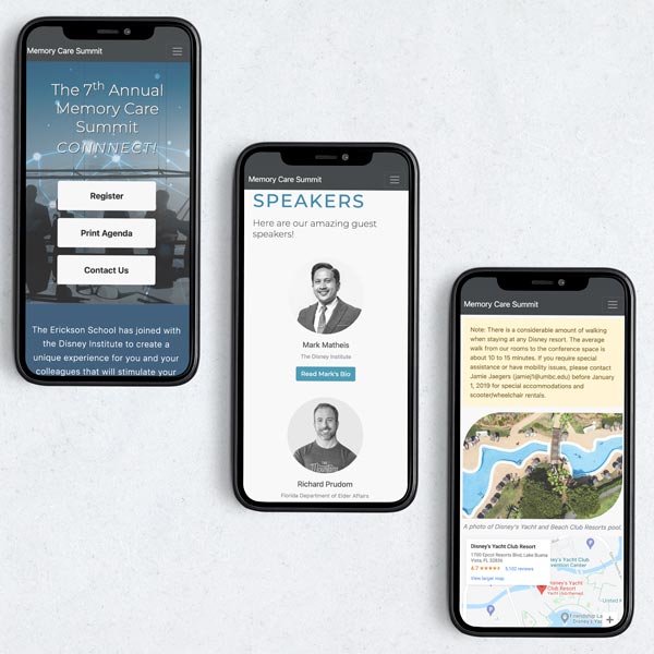 Three iphones with the Memory Care website on their screens