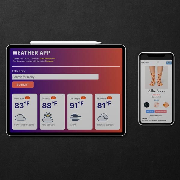 A table with the weather app open and with a phone next to it that has the shop app open