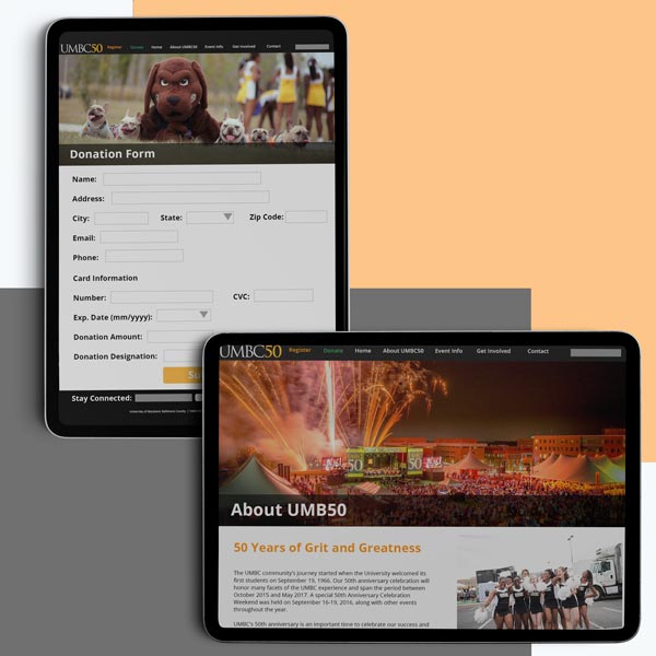 Two tablets, one vertical and one horizontal with the Donation form page and About UMBC50 page on the screens respectively
